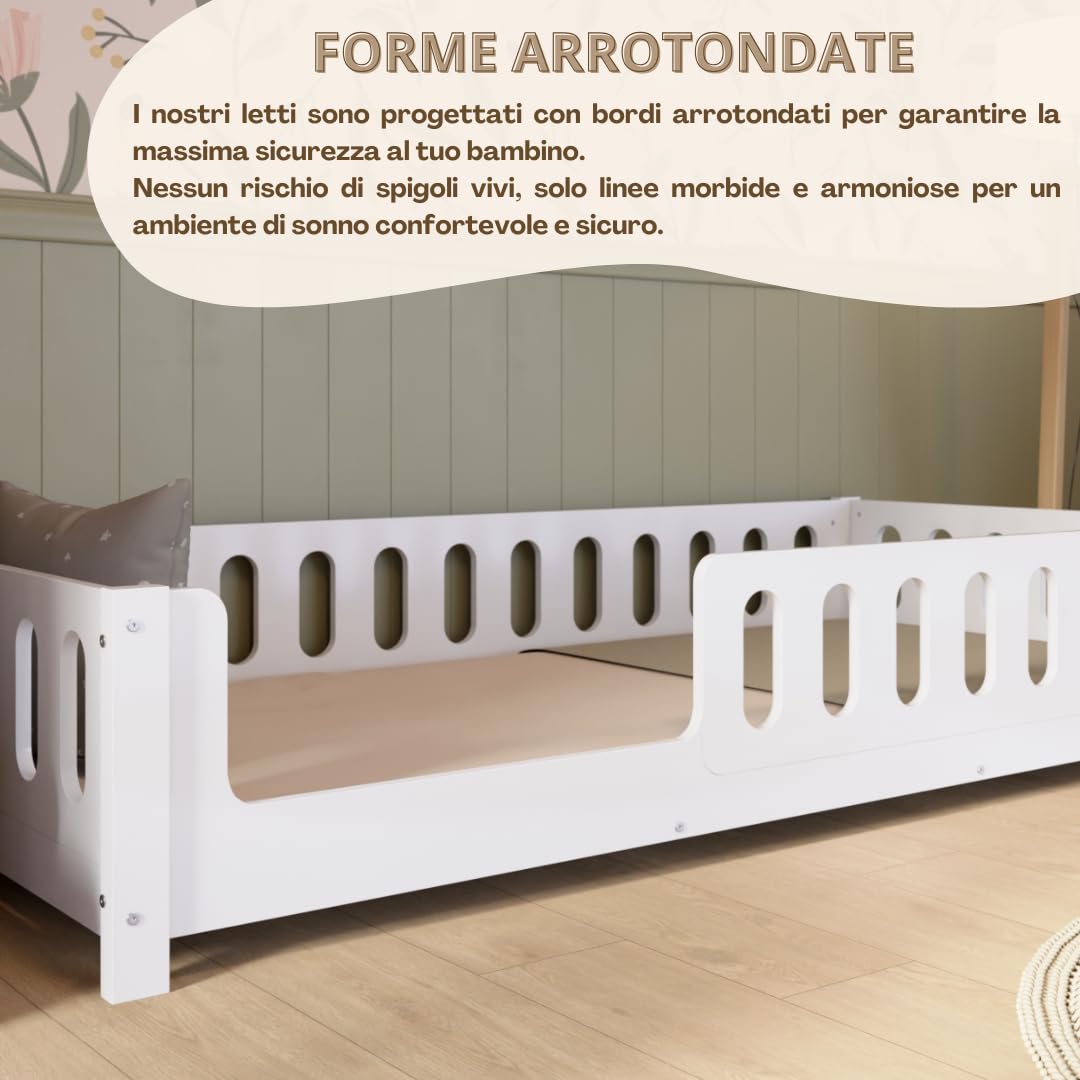 Letto per Bambini 160x80 cm – Letto Montessori a Pavimento Bianco con Barriera in MDF – Sicuro per Bambini Piccoli con Bordi Arrotondati – Ingresso a Sinistra – Crazy Ethan