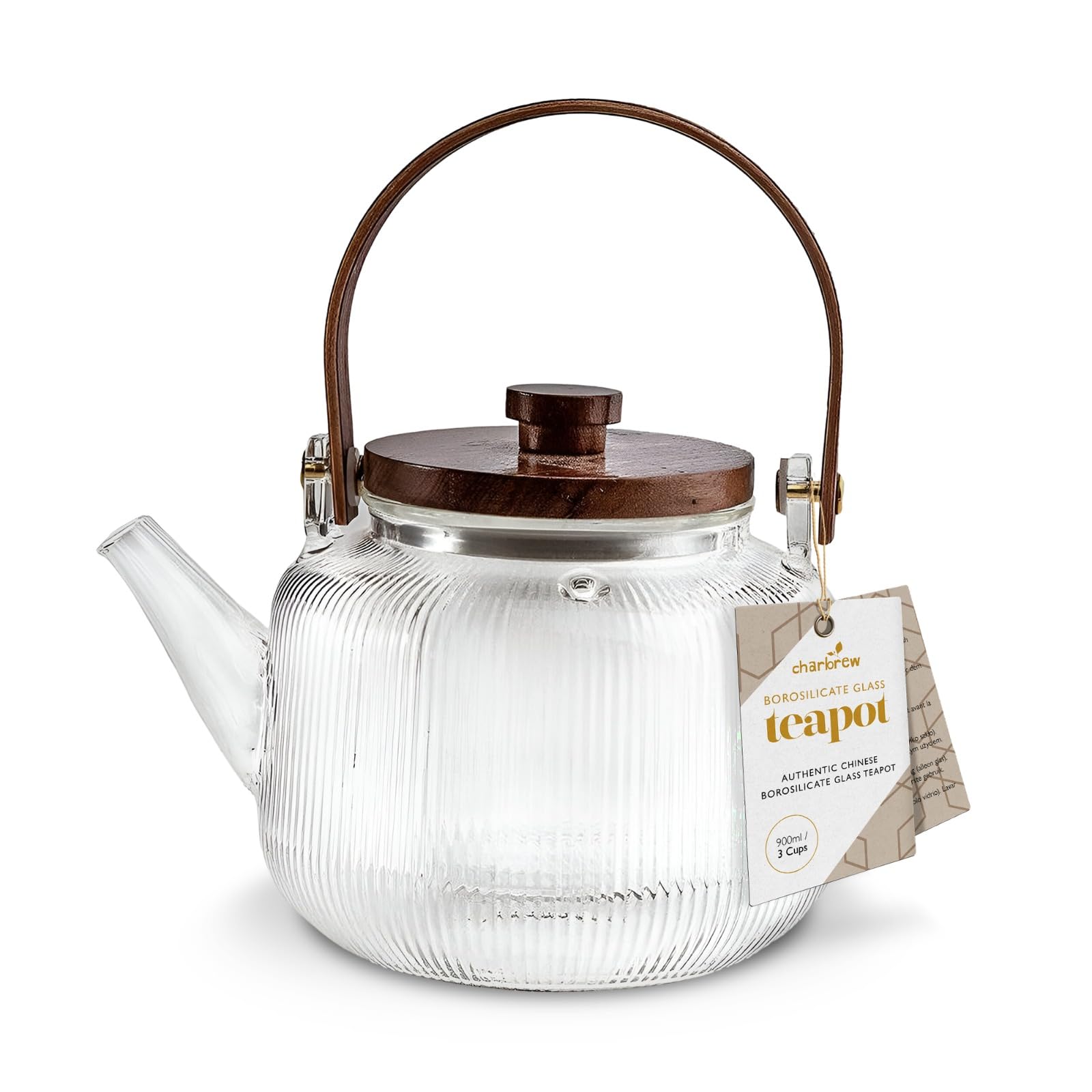 Charbrew 900 ml klare Glas-Teekanne mit Teesieb, geripptes Borosilikatglas, Holzdeckel und Griff, für losen Tee, Teebeutel und blühenden Tee, für 4 Tassen