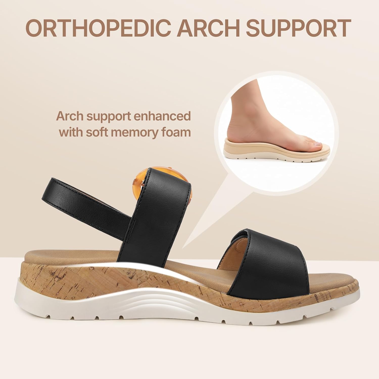 ATHMILE Women's Sandals Orthopedic Arch Support Platform Sandals for Women Adjustable Straps for Narrow & Wide Feet Comfort Walking Shoes for Travel Work Vacation & Everyday Casual Wear Black
