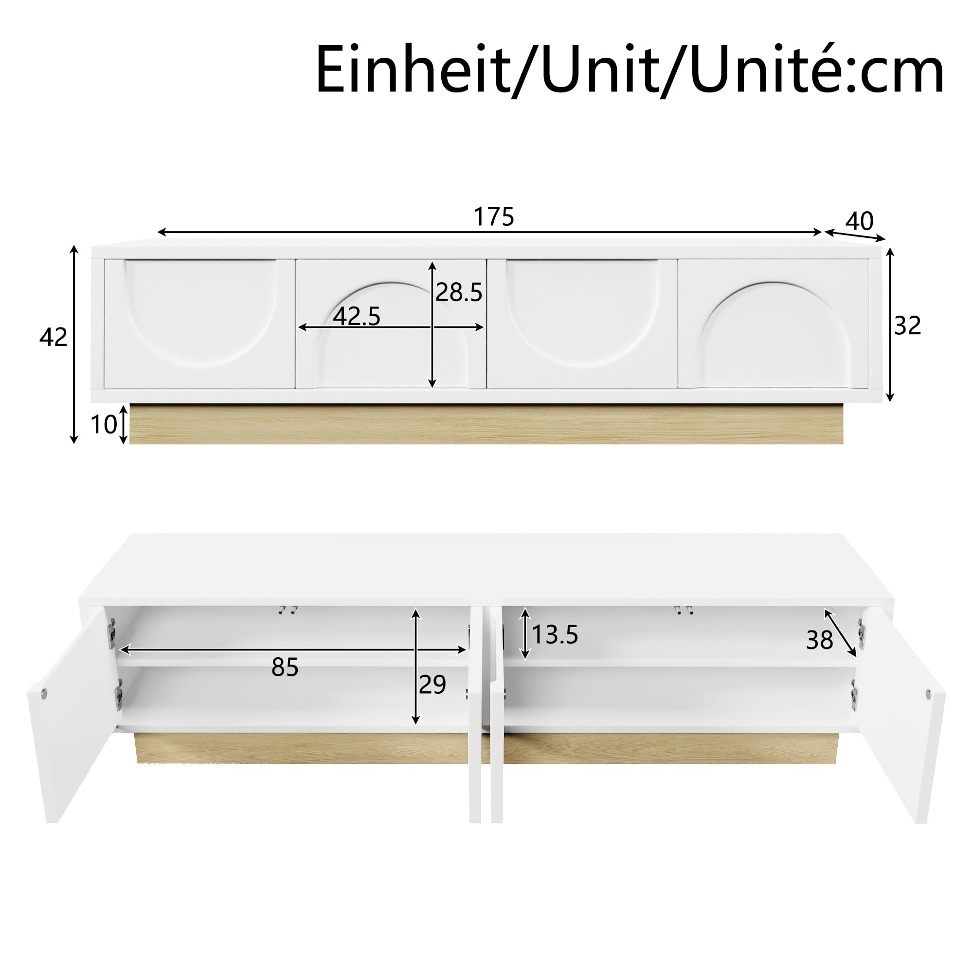 Merax Meuble TV blanc avec grain de bois - 175 cm - Design incurvé minimaliste - Espace de rangement suffisant et gestion des câbles - Sans poignée avec fonction push-to-open - 175 x 40 x 42 cm (L x l