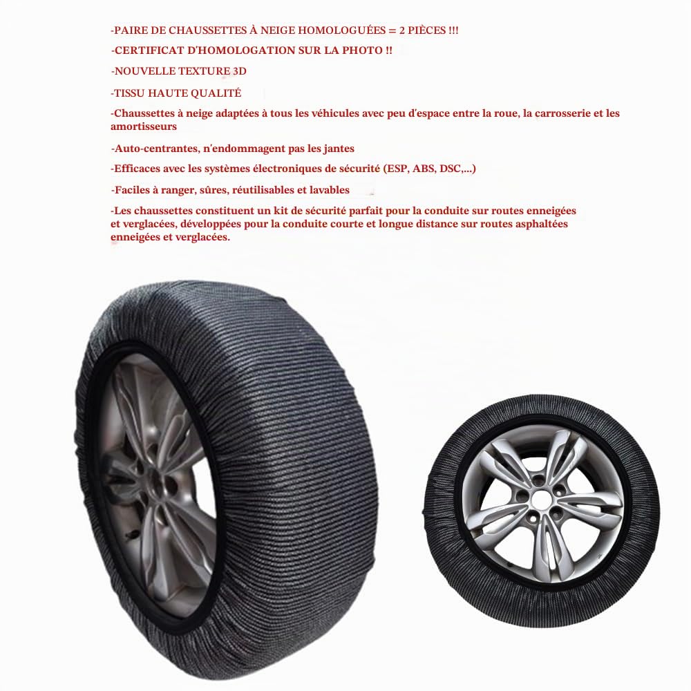 Chaussettes À Neige pour Pneu 215/65 R17 Cercle 17 Mesure XL 1 Couple Homologue sur Routes ENNEIGÉES ET VERGALES KIT DE SÉCURITÉ Couverture Neige pour PNEUS DE Voiture 2 PIÈCES avec Texture 3D