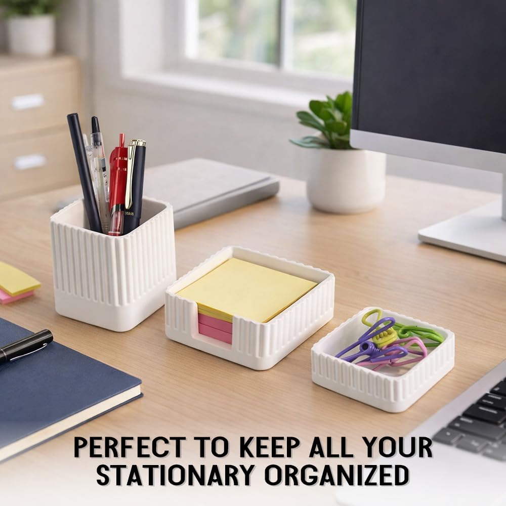 Desk Organizer Set of 3 for Office Accessories - Includes Pen Holder, Paperclip Storage, and Sticky Note Holder - Aesthetic Concrete Desktop Accessories for Women or Men, Office Decor (White)