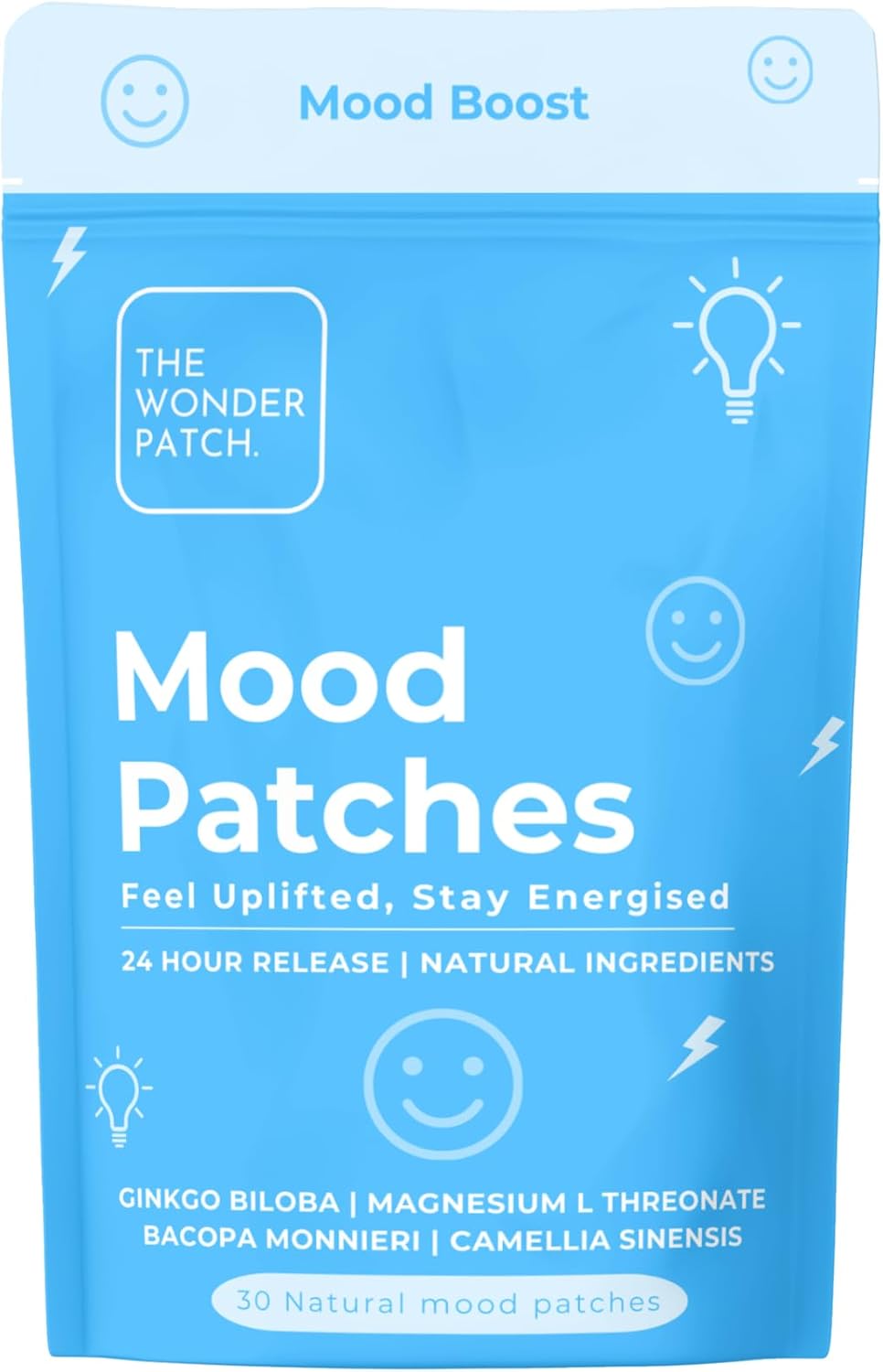 Mood Patches 30pk: Anxiety, Stress, Mood – Gingko Biloba, Acetyl-L-Carnitine, Bacopa Monnieri, Magnesium L Threonate, Camellia Sinensis.