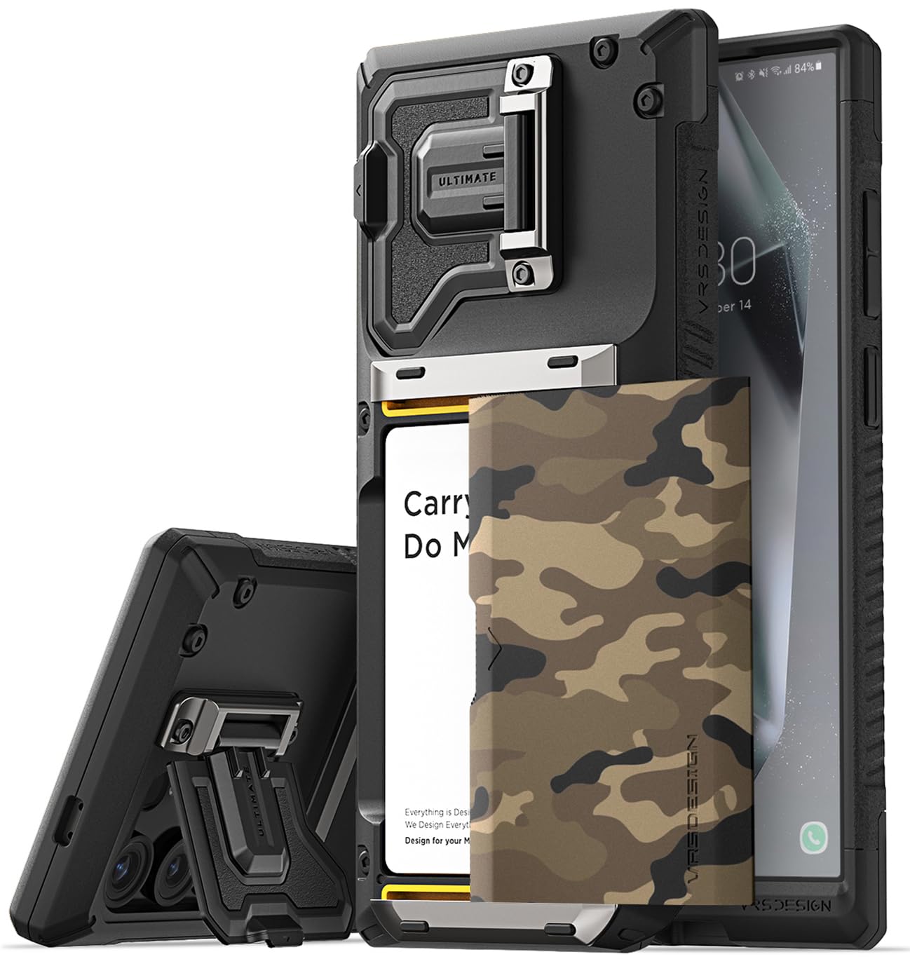 VRS DESIGN Damda Glide DuoGuard for Samsung Galaxy S24 Ultra Phone Case (2024), Premium Sturdy Fully Covered Camera Lens Protection Cover Card Holder Wallet Case (Camo Khaki)