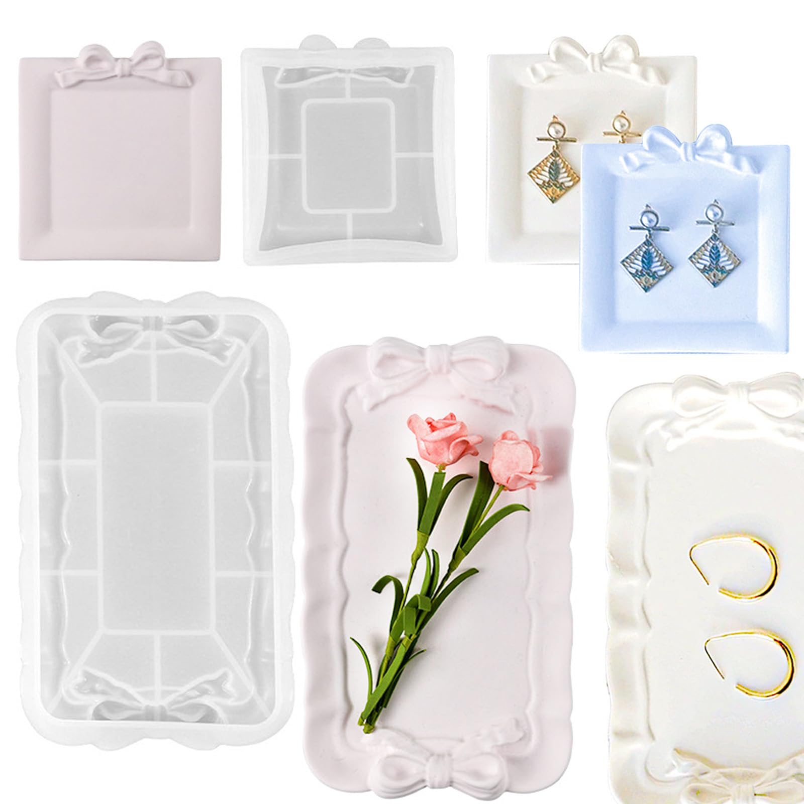 2 PCS Bow Silicone Tray Resin Molds Kit Rectangle Jewelry Tray Trinket Plate Epoxy Mold for DIY Display Rectangle Jewelry Plate Candle Holder Soap Dish Home Decor Serving Board Mold Casting Craft Kit-image-15