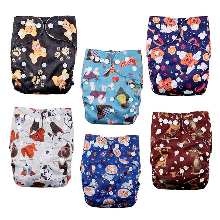 Image of wegreeco Cloth Diapers 6 Pack with 6 Inserts & 1 Wet Bag, Washable Cloth Diapers for Babies, One Size Adjustable Reusable (Little Dogs)
