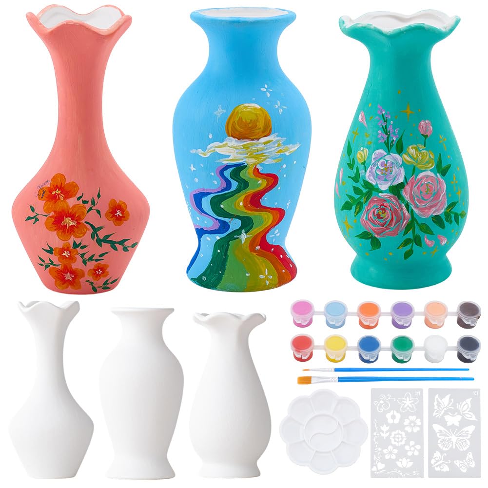 WEBEEDY Juego de 3 jarrones de cerámica para adultos, principiantes, pinta tu propio florero, kit de manualidades de cerámica blanca sin pintar con plantillas de flores de mariposa, pintura, pinceles