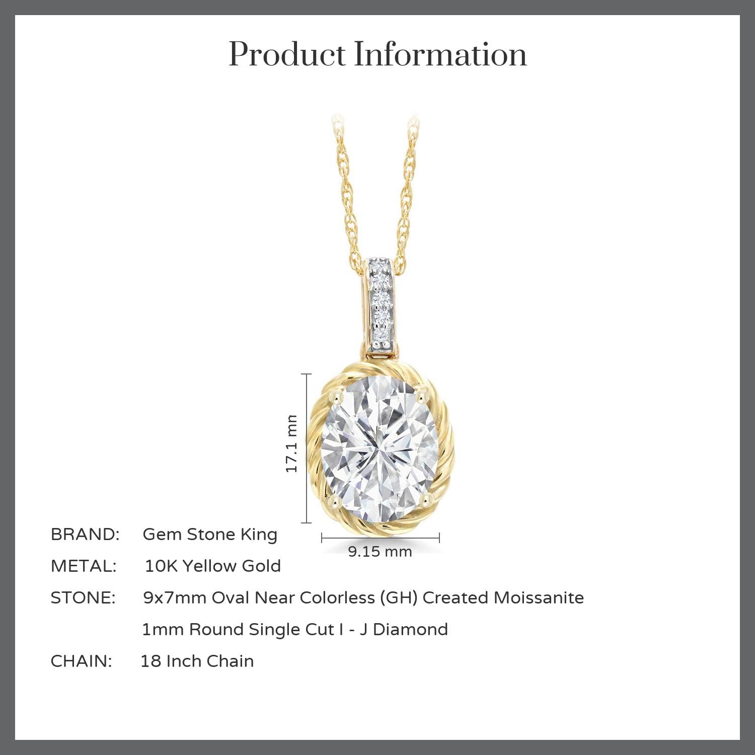 Gem Stone King 10K Yellow Gold Moissanite and Diamond Pendant Necklace For Women | 2.14 Cttw | Oval 9X7MM | with 18 Inch Chain
