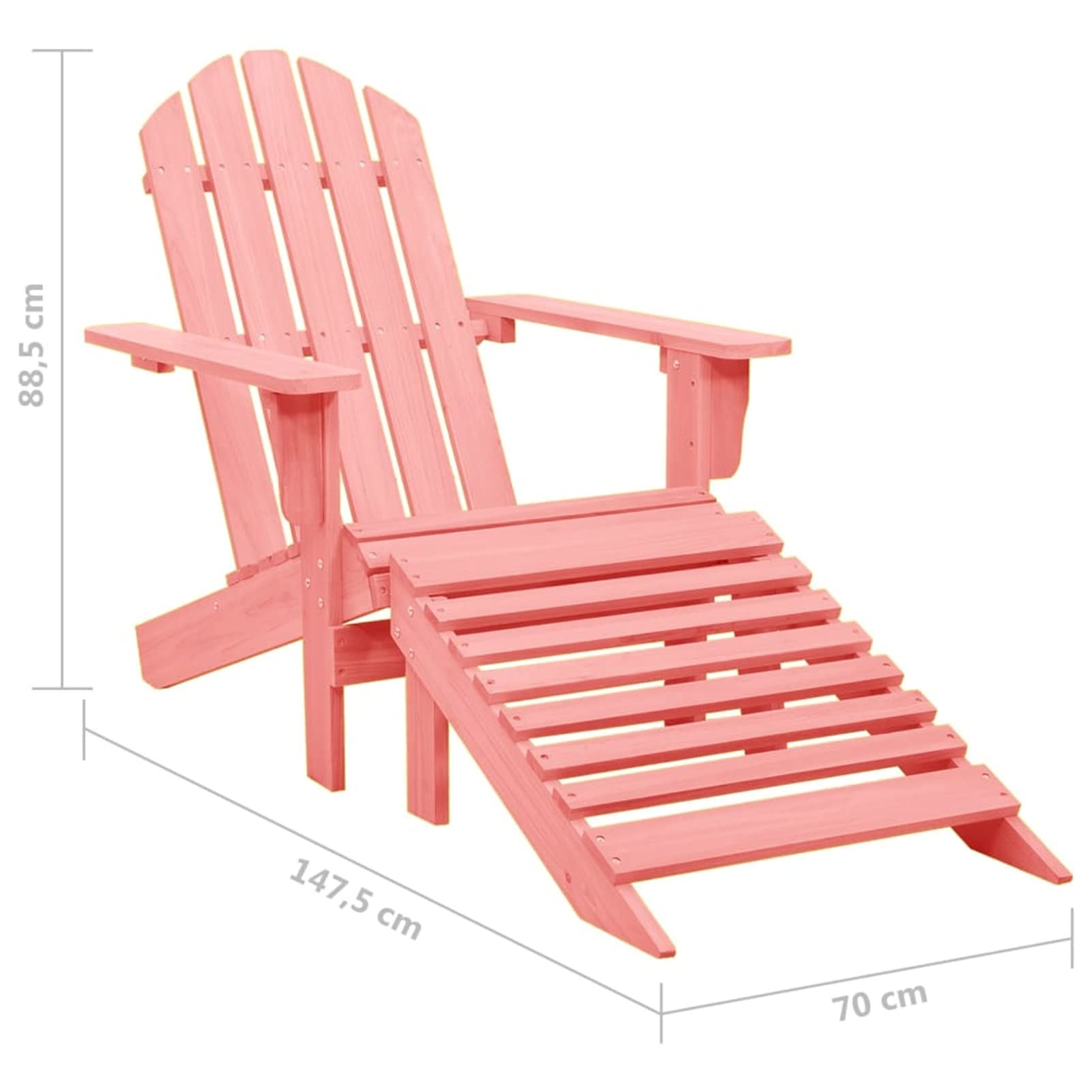 Krzesło ogrodowe Adirondack z otomaną, lite drewno jodłowe, różowy, przenośny, kompaktowy, leżak do ogrodu, na patio, taras, plażę i kemping