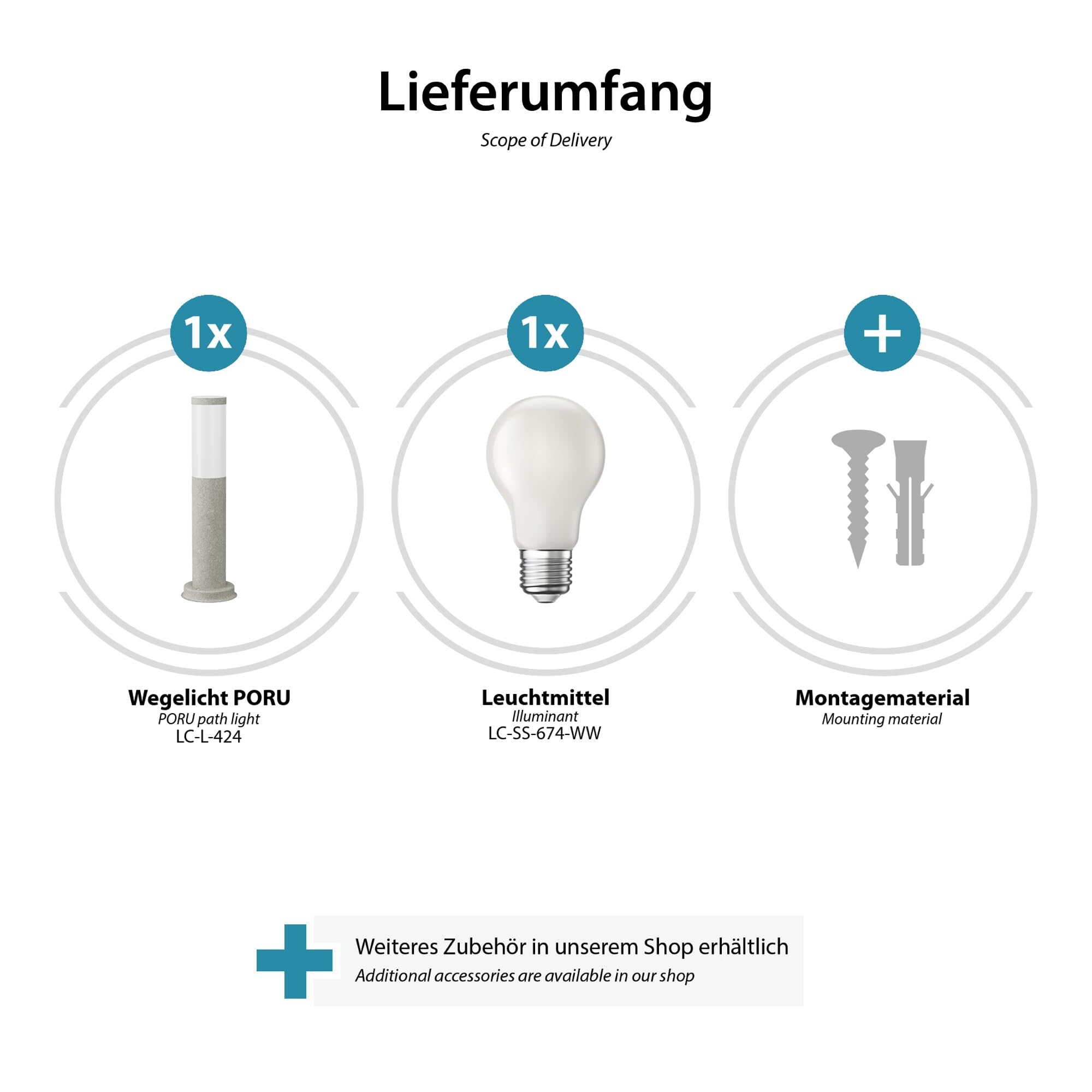 ledscom.de 3 szt. latarnie słupkowe PORU do zastosowań zewnętrznych, 39 cm, szare (wygląd kamienia), wraz z żarówką E27, klasa efektywności energetycznej A (ciepła biel, 4 W, 935 lm)