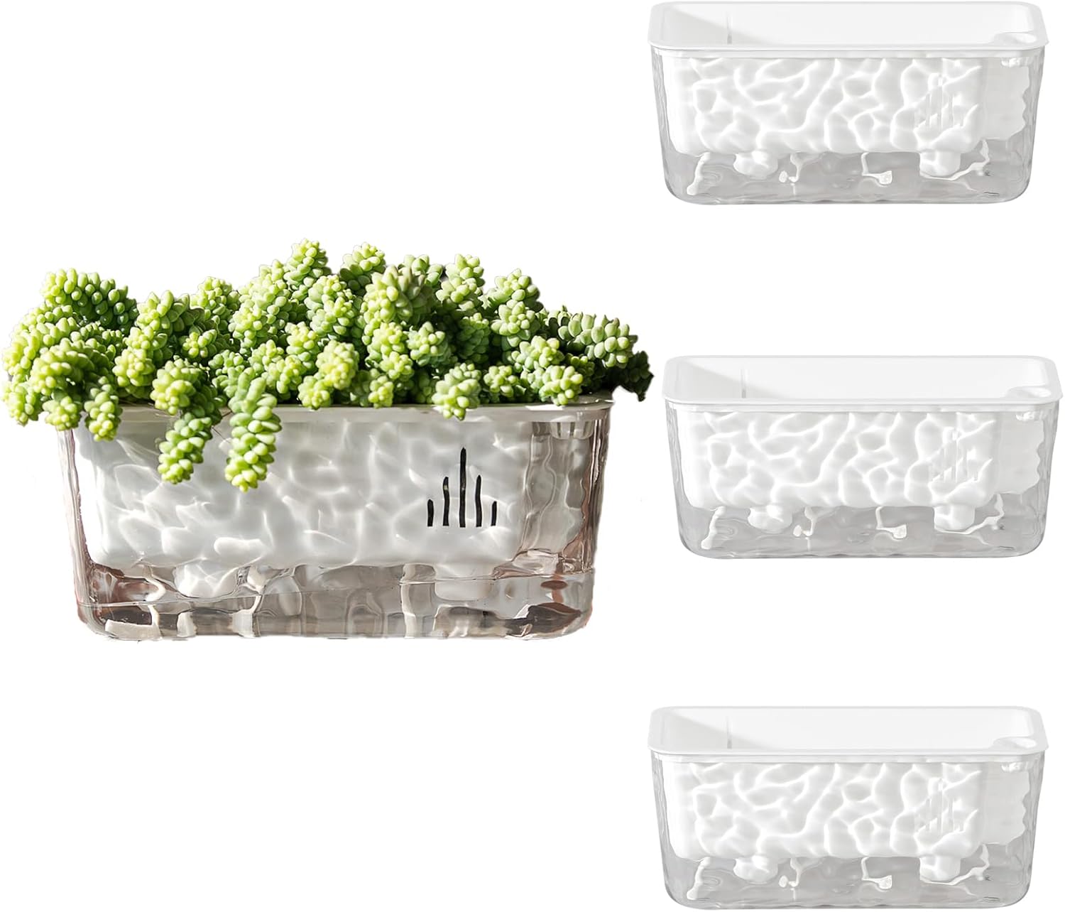 11 Inch Self Watering Plant Pots for Indoor Plants, 4 Packs rectangle planter with Drainage Tray and Rope, Window Boxes Planters for Indoor Outdoor Garden Plants, African Violet, Herbs, Succulents