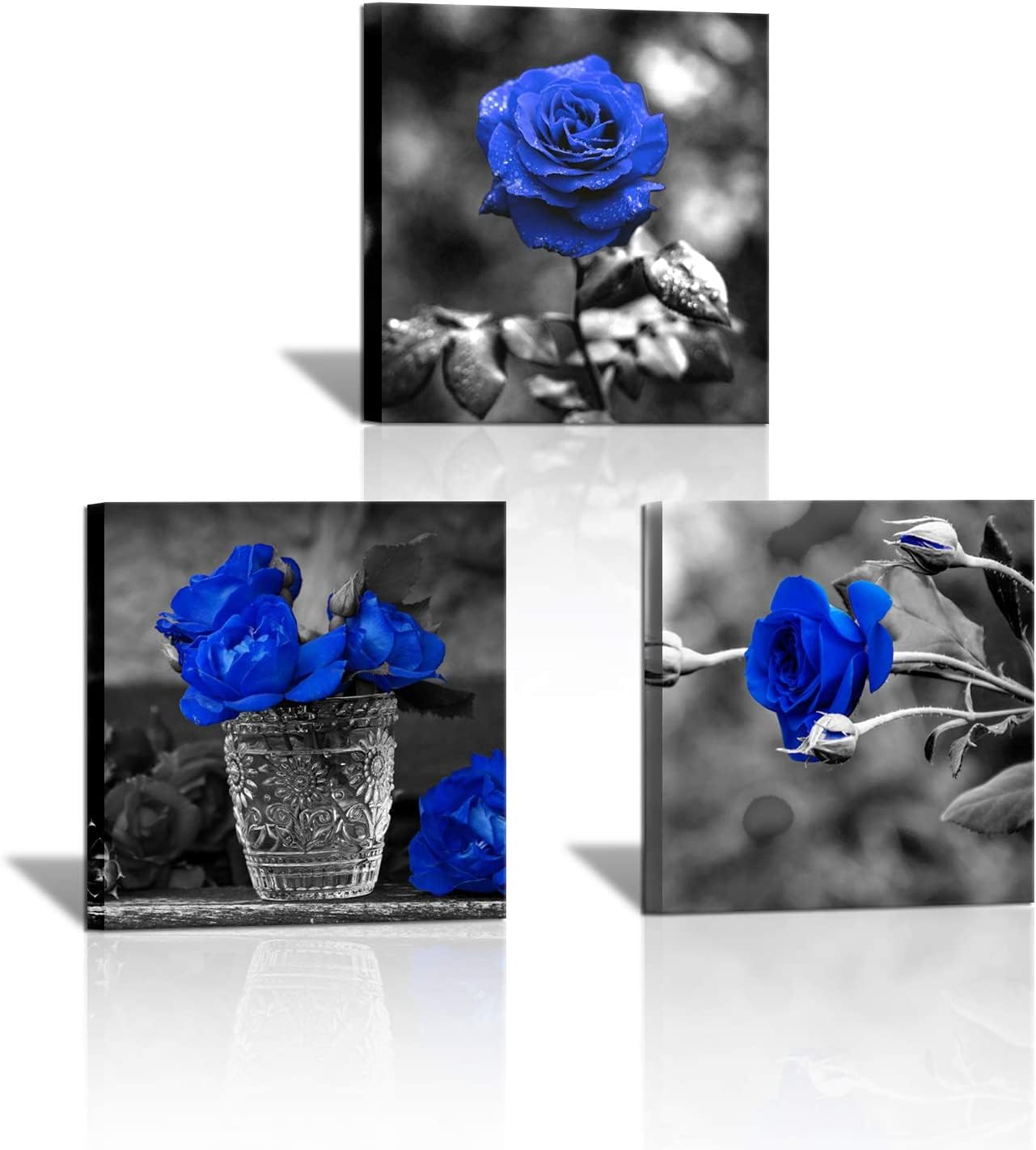 SkenoArt 3 Panels Blue Rose Canvas Wall Art Black and White Flowers Painting Royal Blue Floral Picture Ready to Hang for Bathroom Bedroom Kitchen Wall Decor 12"x16"x3PCS