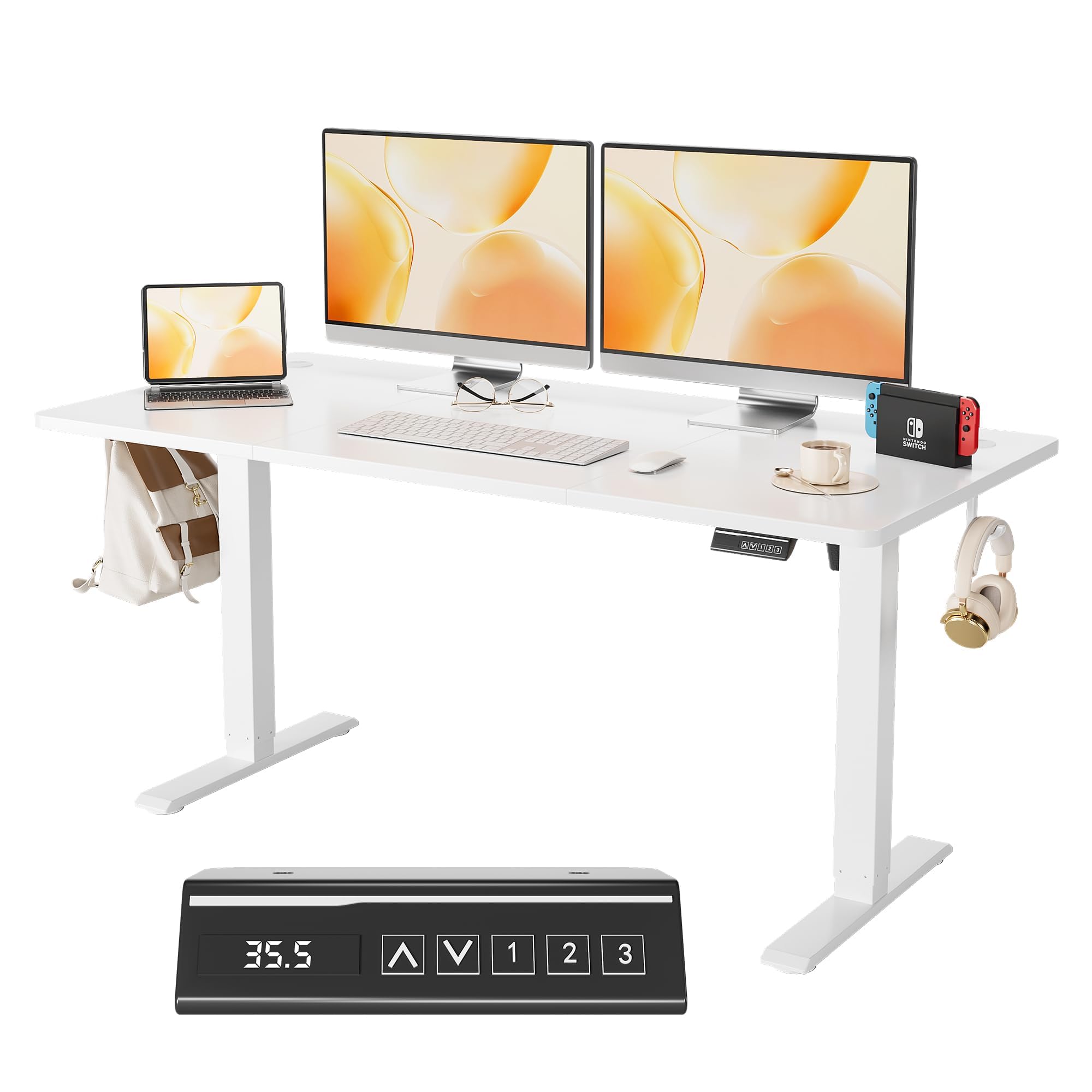 Elektrisch höhenverstellbarer Schreibtisch – Ergonomischer Sitz-Steh-Tisch mit Memory-Funktion, Stabiler Rahmen, verstellbare Füße, leiser Motor – 120 x 60 cm – Weiß