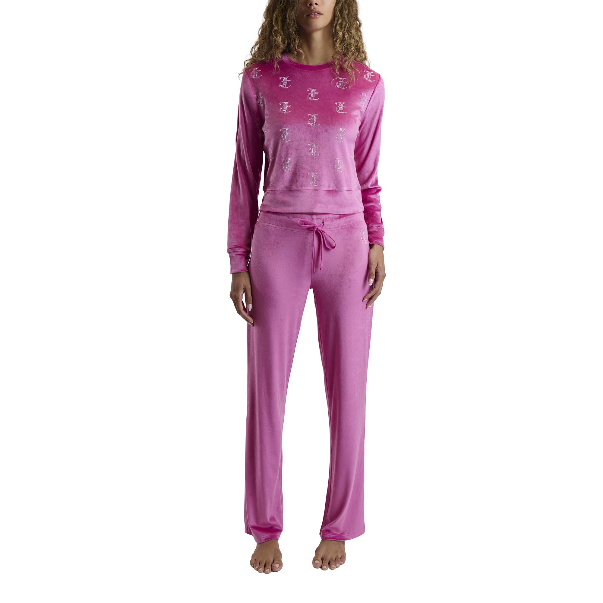 Juicy Couture Women's 2 Piece Velvet Fleece Long Sleeve Pullover Top and Pants Lounge Sleepwear Set