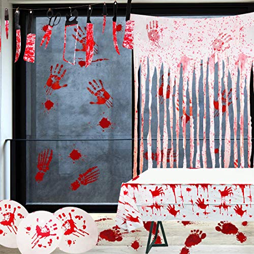 MOVINPE Halloween Bloody Party Decorations, Scary Weapons Knife Garland Hanging Banner, Doorway Curtain, Blood Splatter Tablecloth, Handprints and Footprints Window Stickers, Balloons - Thumbnail 7