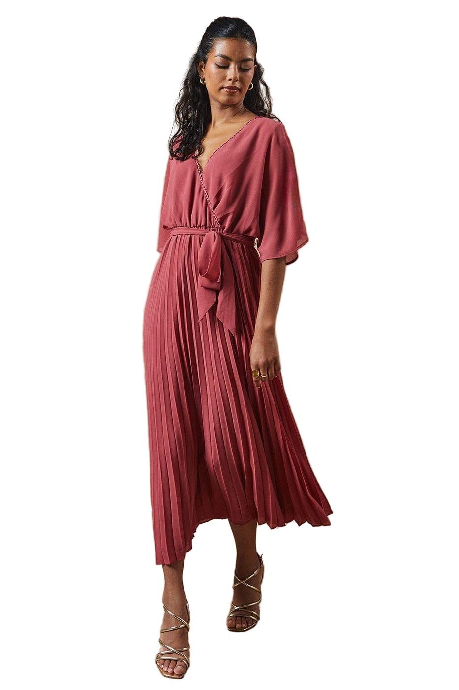 Oasis Petite Occasion Kimono Sleeve Pleated Midi Dress, 16, Rose