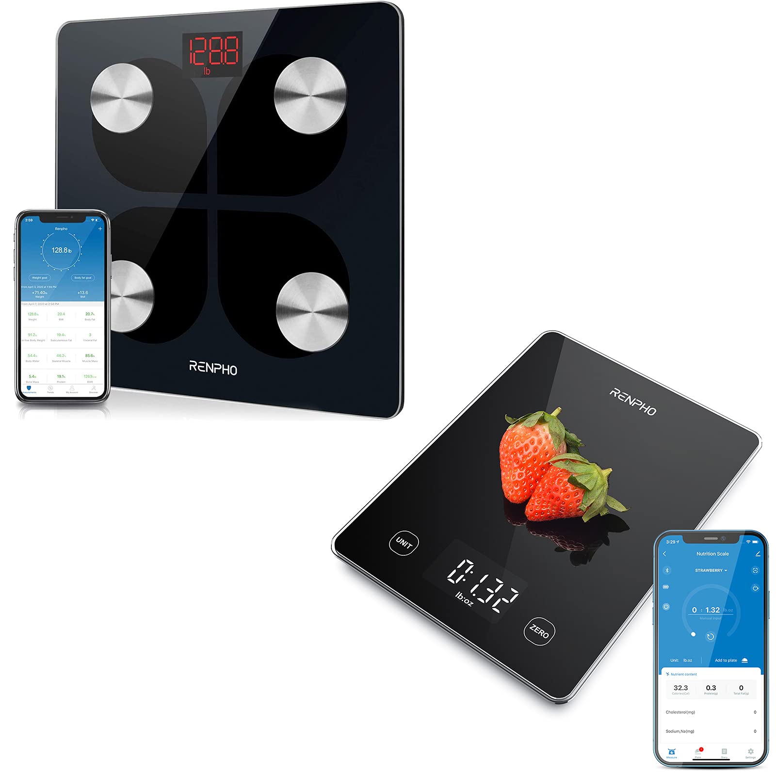 RENPHO Rechargeable Bathroom Scale, RENPHO Kitchen Scale 22lb/10kg Smart Food Scale, Digital Cooking