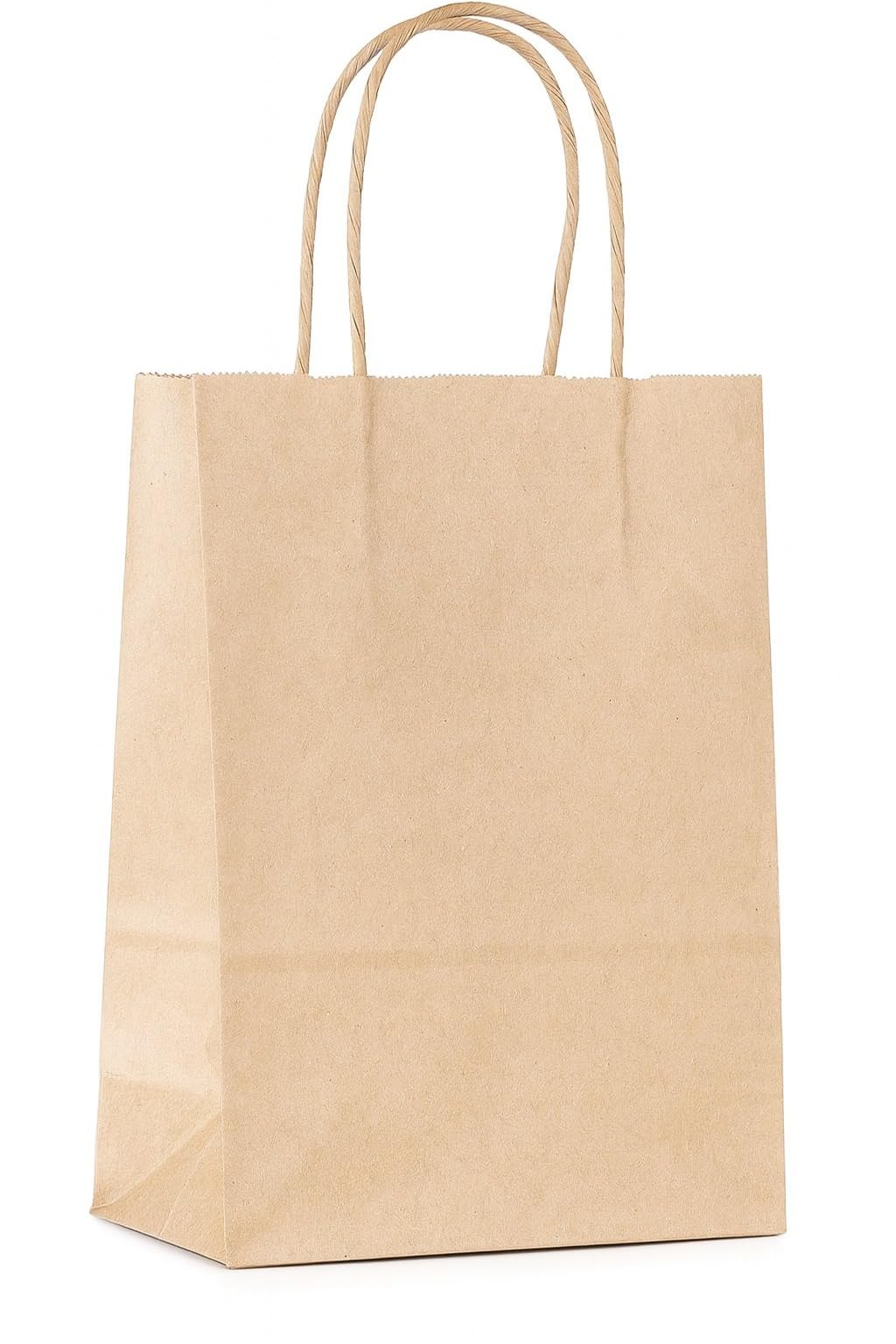 Commerline 200 sztuk brązowych torebek papierowych z uchwytem, 22 + 10 x 28 cm, torebki papierowe z uchwytem sznurkowym, torebki papierowe na zakupy i do pakowania, torebki na prezenty urodzinowe dla