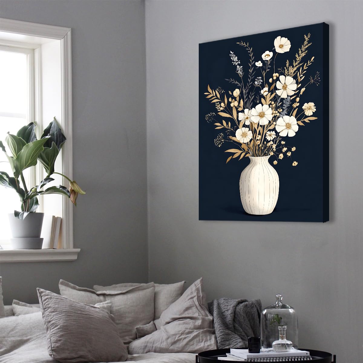 SHENGPOSTER Wazony z suszonymi kwiatami na płótnie nowoczesna minimalistyczna sztuka na płótnie, granatowe tło gotowe do zawieszenia do salonu, studia, rama wewnętrzna 35 x 52 cm