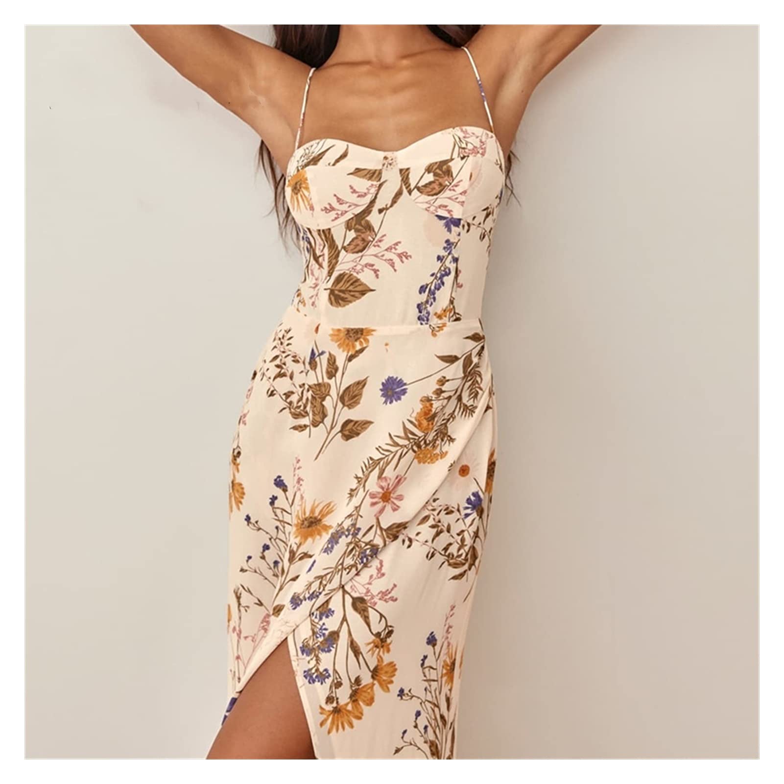 Genérico Vestido De Tirantes Finos, con Abertura Lateral, De Largo Medio, Confeccionado En Un Tejido Suave Y Cómodo, Ideal para Citas Y Vacaciones, Primavera (7113 Rufloral O231 M)