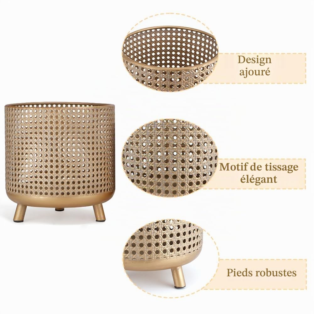 JHY DESIGN Lot de 3 Grands Pots de Fleurs décoratifs en métal avec Design Creux pour intérieur et extérieur, Jardin, Maison, Balcon, Balustrade, clôture (doré)