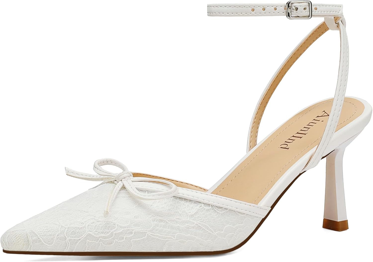AIUNIIND Women's Pointed Toe Kitten Heel Lace Pumps Ankle Strap Heeled Sandals Wedding Dress Shoes for Women