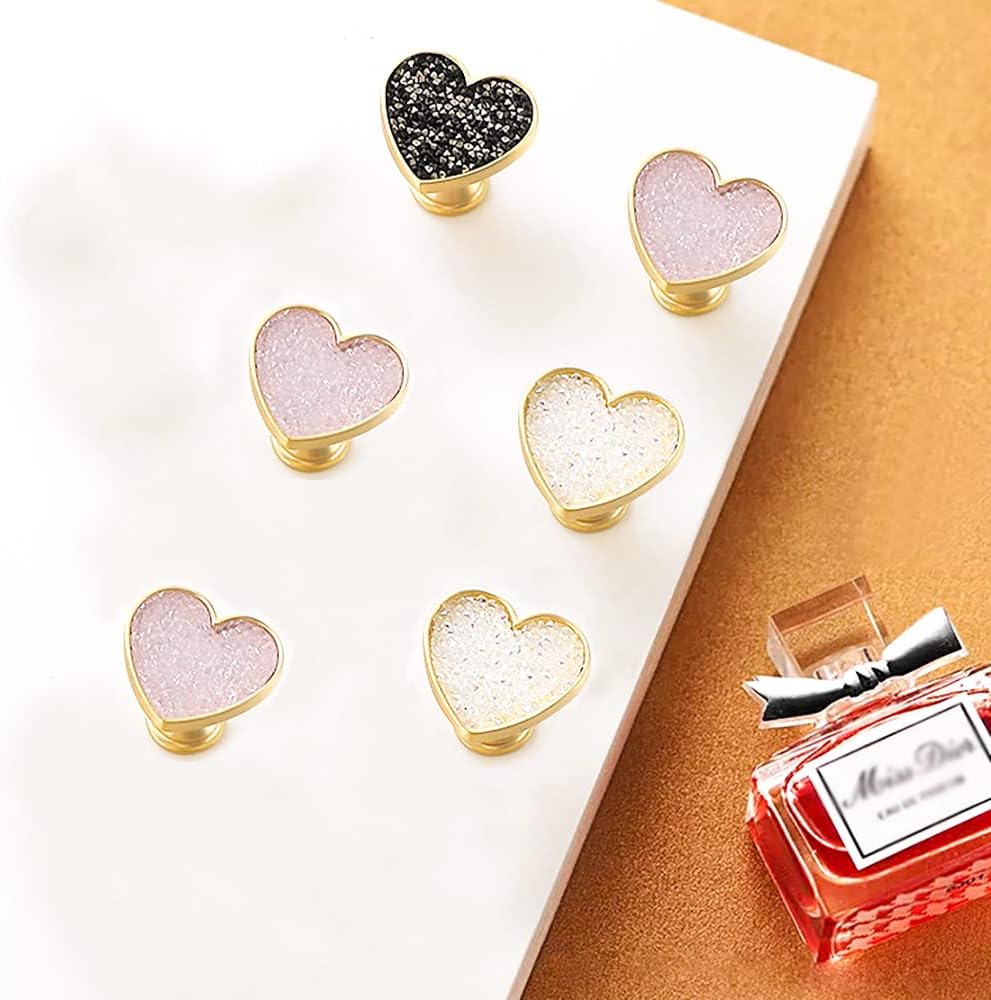 4Pcs Golden-Brass-Heart-Drawer-Knobs, White-Crystal-Cabinet-Knobs, Gold-Copper-Furniture-Cupboard-Dresser-Handles (White Crystal)
