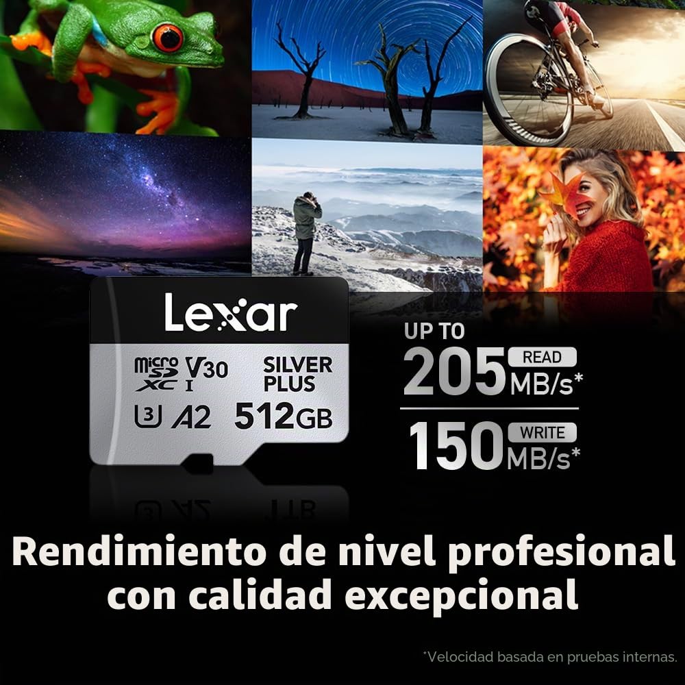 Lexar Tarjeta de Memoria microSDXC Professional Silver Plus 512 GB UHS-I C10 U3 V30 Full-HD 4K, 205/150 MB/s, para videógrafos, Jugadores