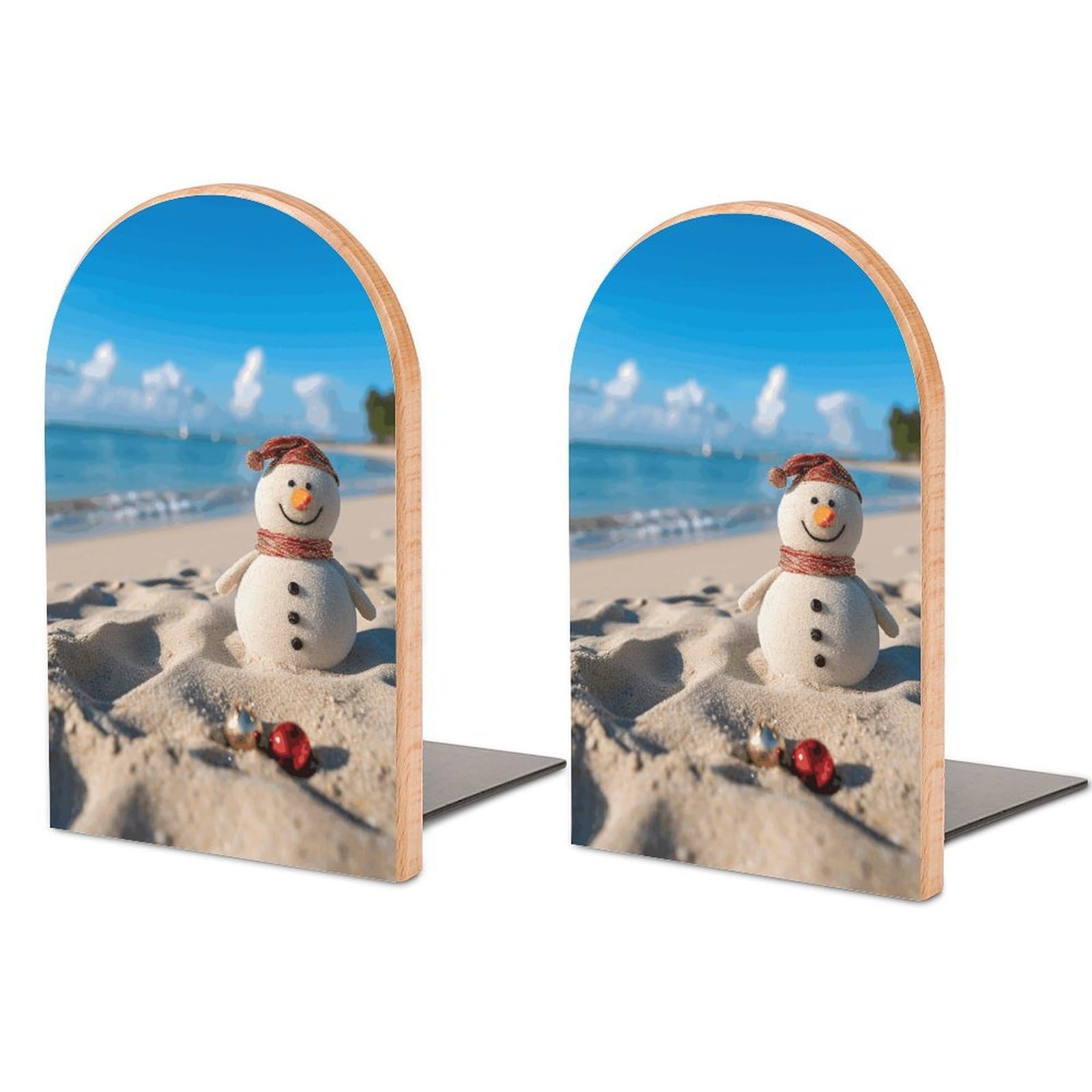 Beech Wood Book Ends Sand Snowman on Beach Printed Bookend for Shelves Home Decorative Bookends for Heavy Books for Office Bookshelves