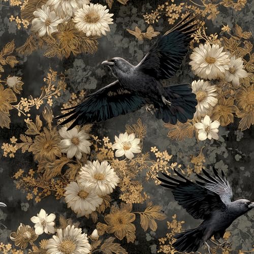 Cotevdkot Peel and Stick Wallpaper, Gothic Flying Crow & Gold Floral Pattern, Dark Aesthetic Removable Mural for Bedroom & Living Room, 17.7x236 Inch by Cotevdkot - Used condition - US$26.13