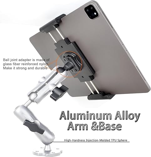 Miniatura 2 de Soporte de aluminio resistente para tablet de doble brazo con base de taladro de rotación de 360° de 4 puntos, se adapta a tabletas de 6.5 a 12.9