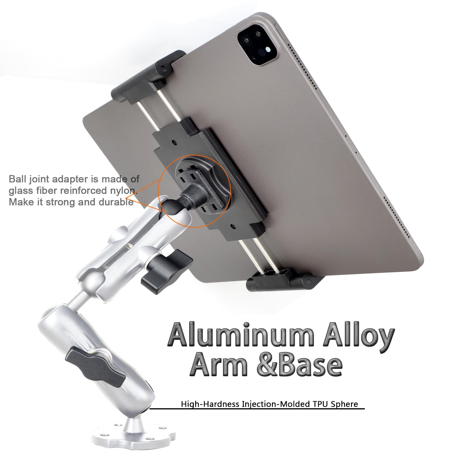 VAUBORTTI Aluminum Heavy-Duty Dual Arm Tablet Mount with 4-Point 360° Rotation Drill Base - Fits 6.5