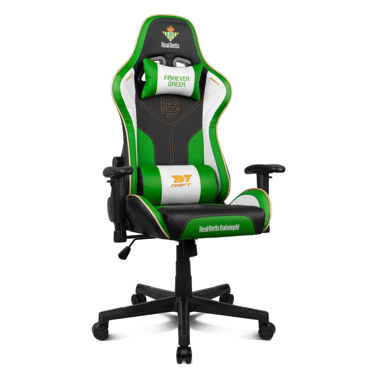 DRIFT GAMING Betis Edition – Official Betis Football Gaming Chair, Metal Frame, 2D Padded Armrests, Gas Piston Class 4, Lumbar and Cervical Cushions, Green/White