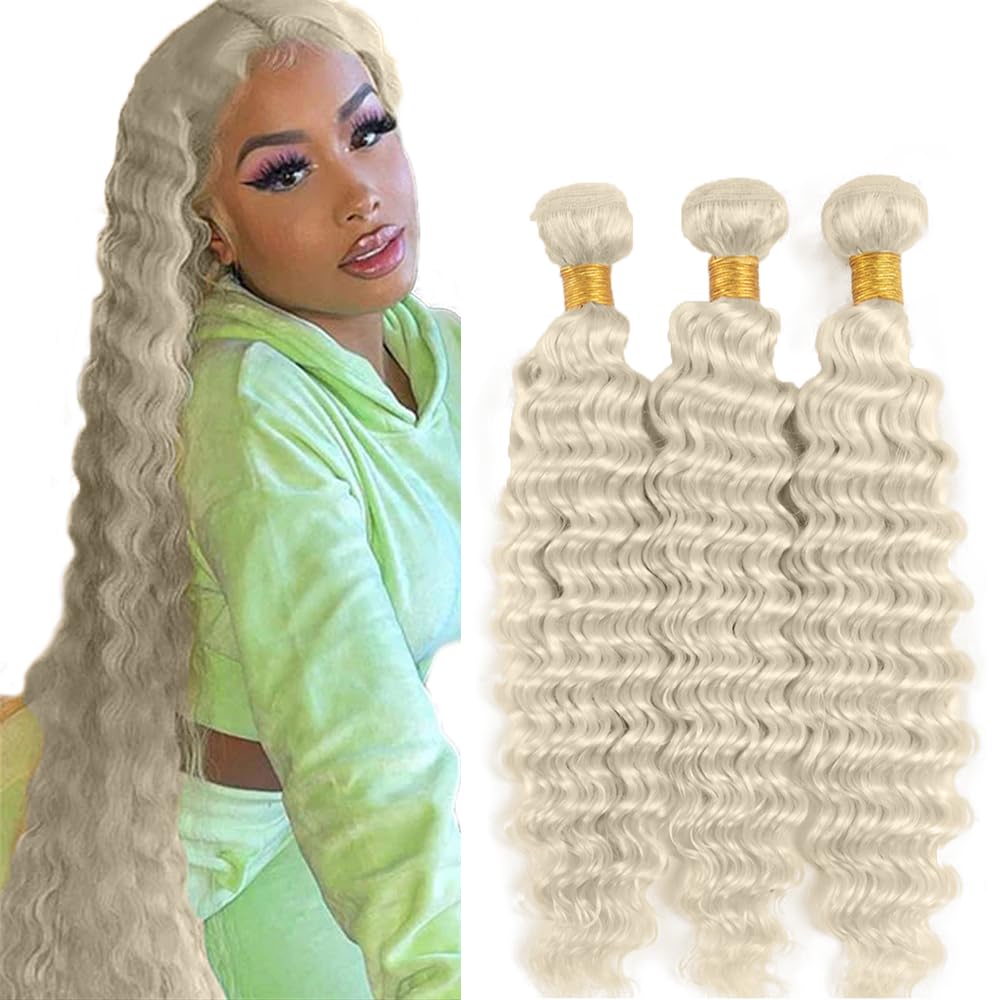 Hxxcoup Water Wave Human Hair Bundles #88 Platinum Blonde Color Soft Texture 3 Bundles Total 300g Unprocessed Virgin Human Hair Extensions For Woman 14 16 18 Inch