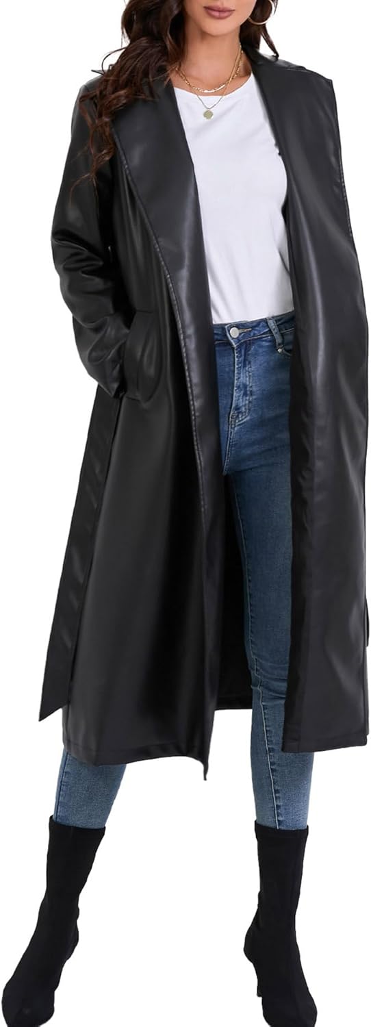 SEMATOMALA Women's Black Faux Leather Long Coat PU Leather Notched Lapel Trench Coat Open Front Maxi Jacket Overcoat - Image 4