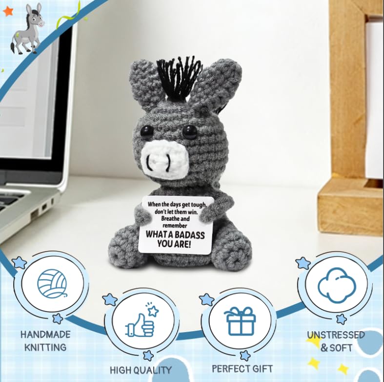 Dremisland Positive Emotional Support Crochet Donkey Gift Mini Handmade Crochet Animals with Positive Card Funny Pocket Hug Cute Knitted Crochet for Women Friend Daughter Sister (Donkey) - Image 4