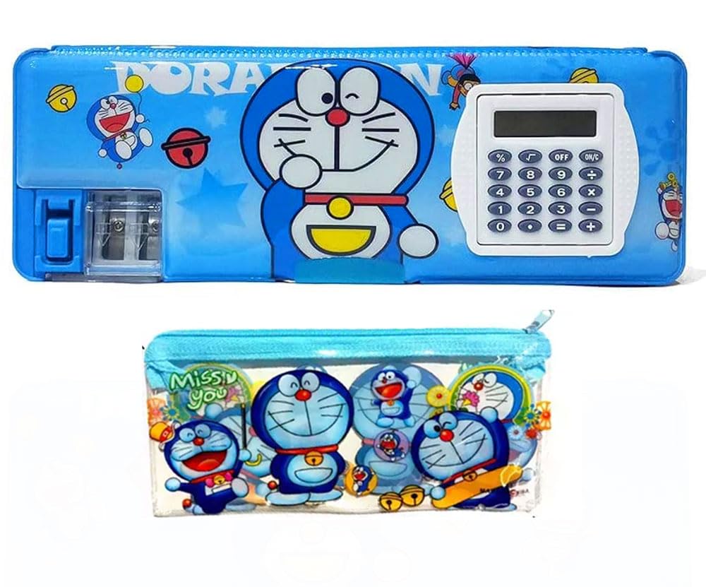 SHUDAUSHI® Calculator Geometry Box for Kid with Dual Sharpener Pencil Case, Pencil Box for Kids Dual Section Pencil Box with Pencil Pouch for Kids Return Gift Birthday Gift for Kid (DOREMON)-image-13
