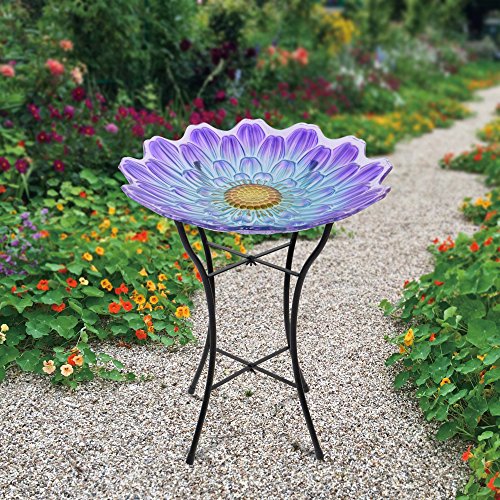 Peaktop Garden Handpainted Flower Fusion Glass Birdbath With Metal Stand, 21.2" Height, Purple/Light Blue