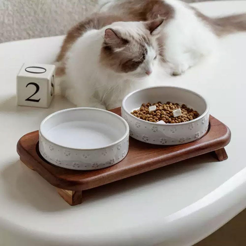 Ciotola for Animali Domestici, Ciotola for Gatti in Ceramica con Motivo in Rilievo con Base in Legno(B)