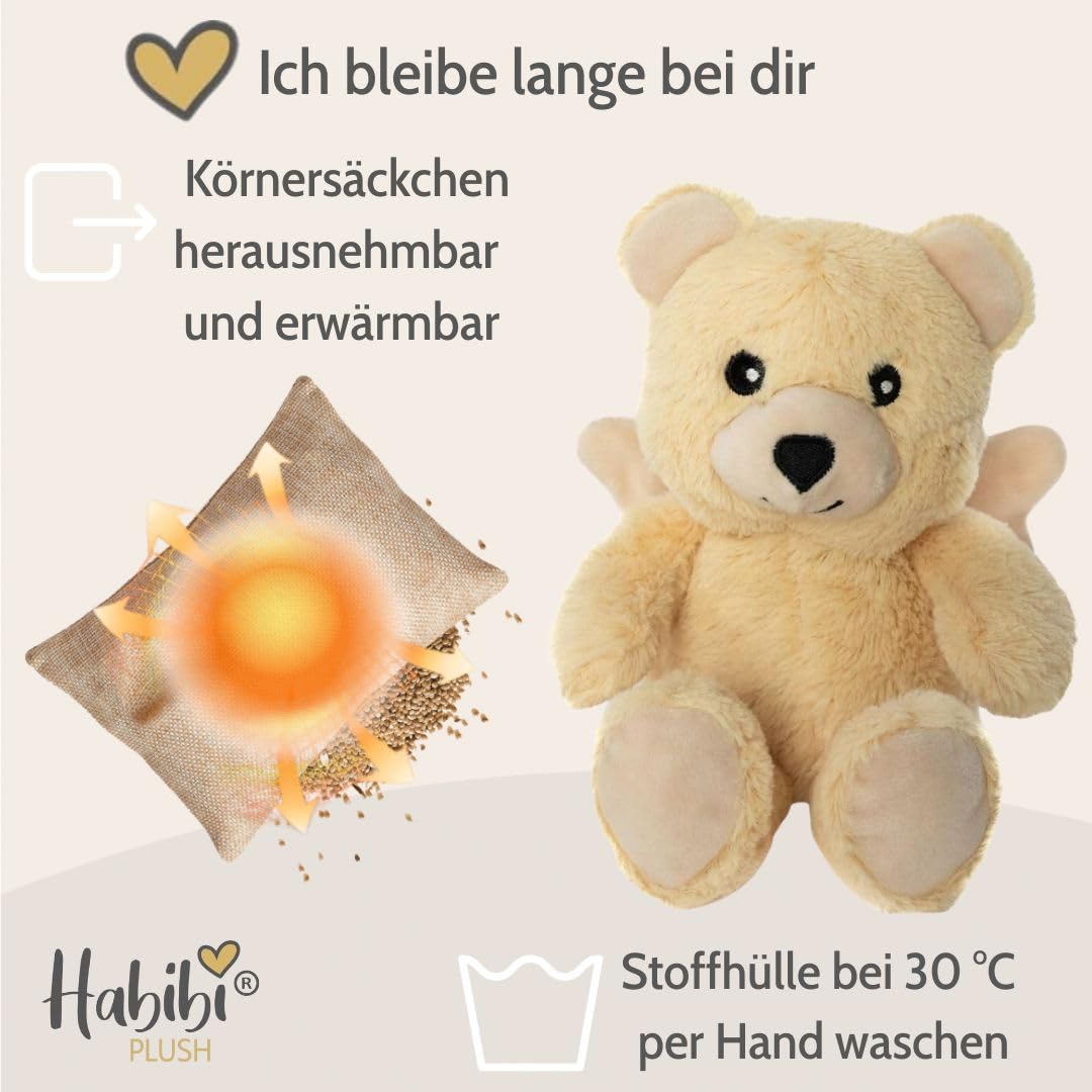 Habibi Premium Midi Deluxe – 2032 - Orso angelo custode con ali con sacchetto di grani estraibile, cuscino termico per riscaldare nel forno a microonde