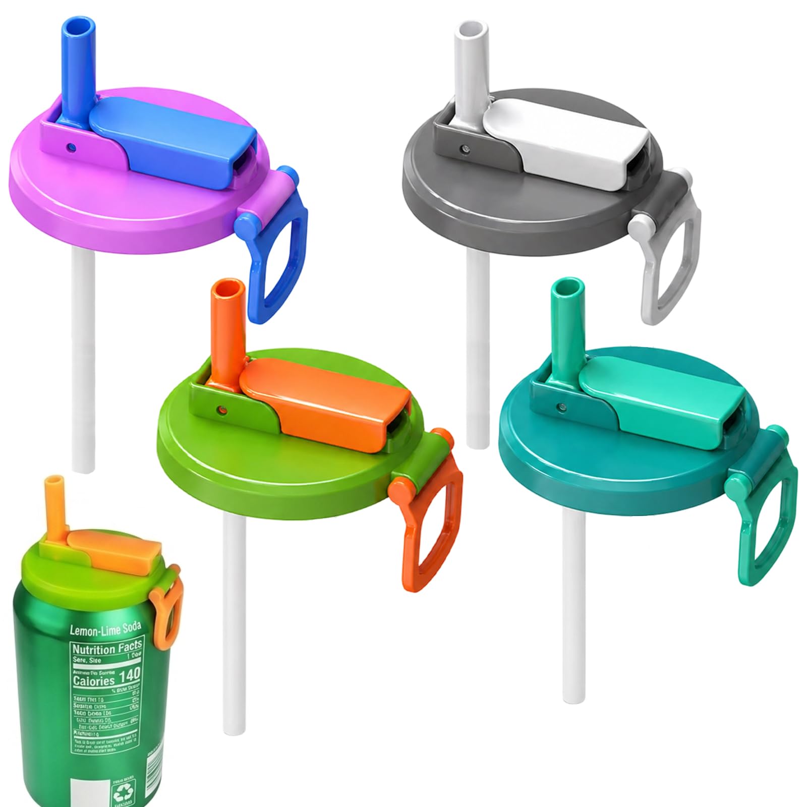 4 PCS Soda Can Lids with Straw, Reusable Can Covers for Standard Beverage Cans, Spill-Proof Drink Can Lids, Multi-Colour Set for Outdoor Activities and Household Use, Durable Plastic Construction wit