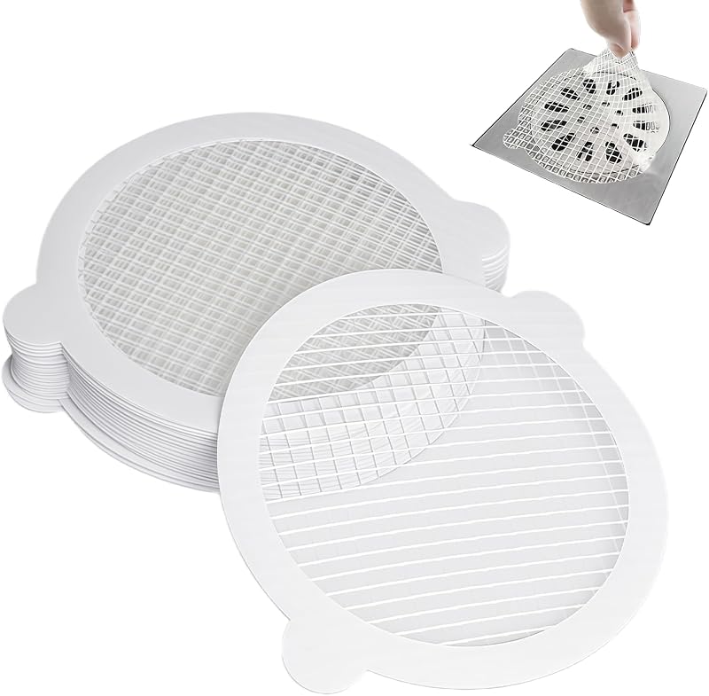 Paquete de 60 cubiertas desechables para desagüe de ducha, atrapapelos, trampa para el cabello, cubiertas de drenaje de malla extra ancha de 4,4 pulgadas para ducha, fregadero, lavandería y bañera