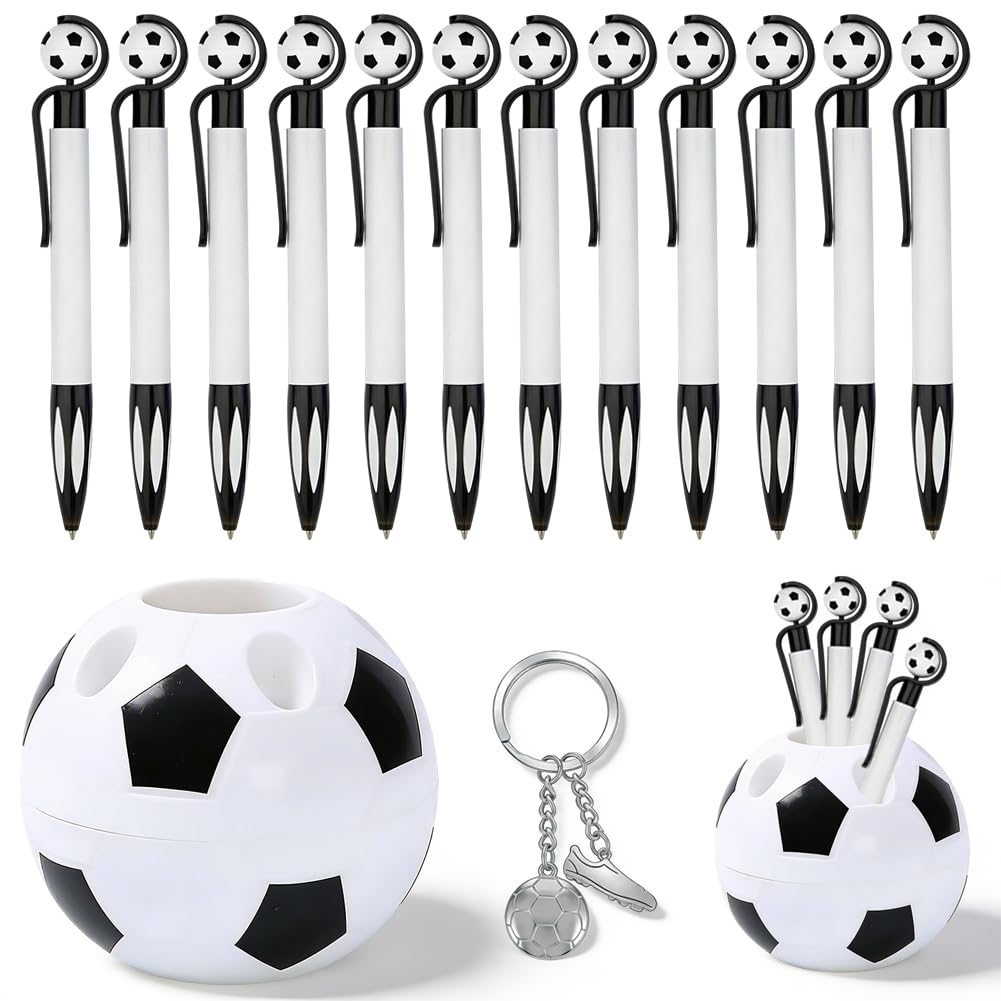 CYGMRFH Soccer Pen Holder & Pens Set, 12 Football Ballpoint Pens Retractable with Keychain, Soccer Desk Organizer Black Ink Rollerball Pen Football Stationery Gift for Students School Office Home