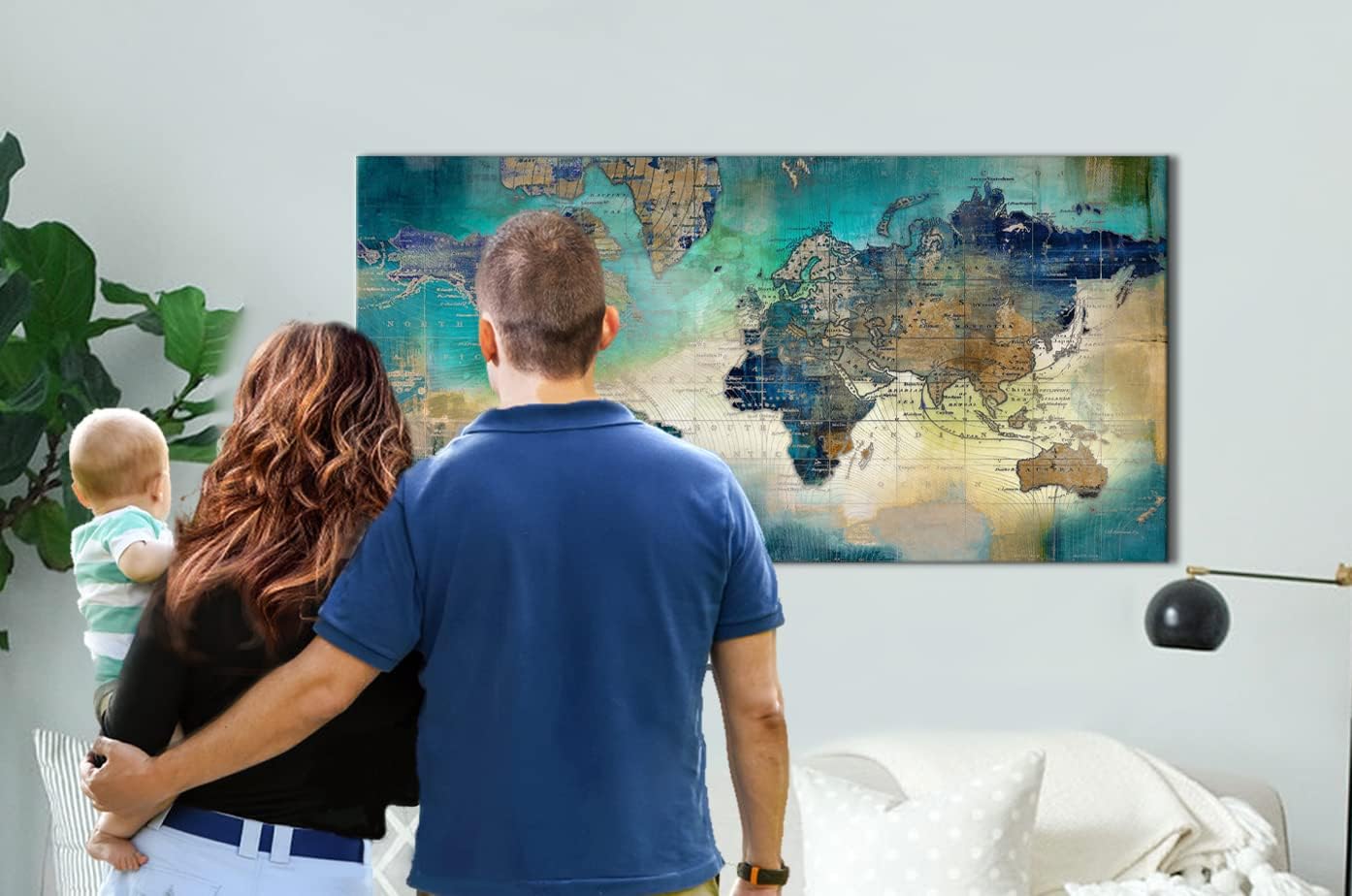 Large World Map Canvas Prints Wall Art for Living Room Office 24x48 Green World Map Picture Artwork Decor for Home Decoration