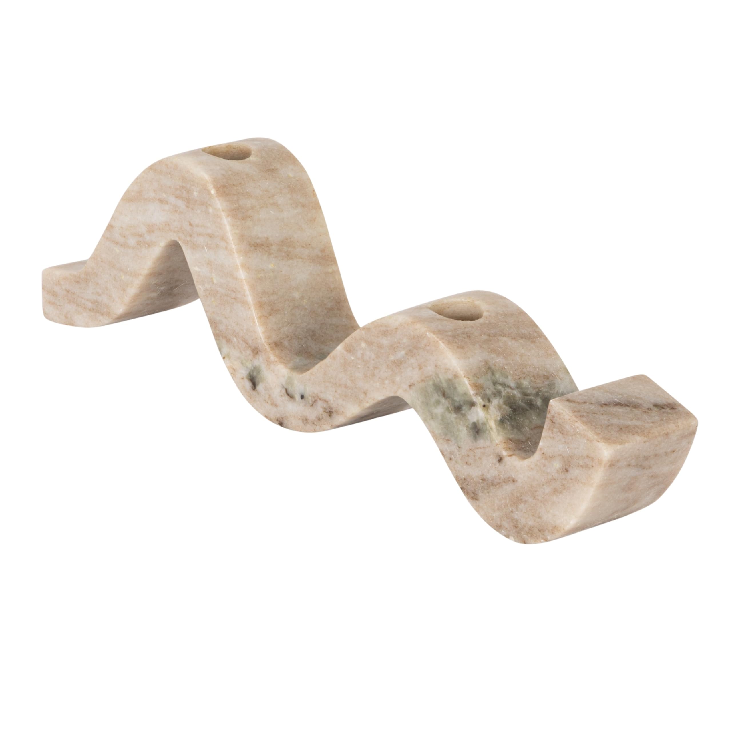 Bloomingville Modern Marble and Brass Wave Double Taper Holder, Beige Candleholders, 15" L x 4" W x 2" H, White