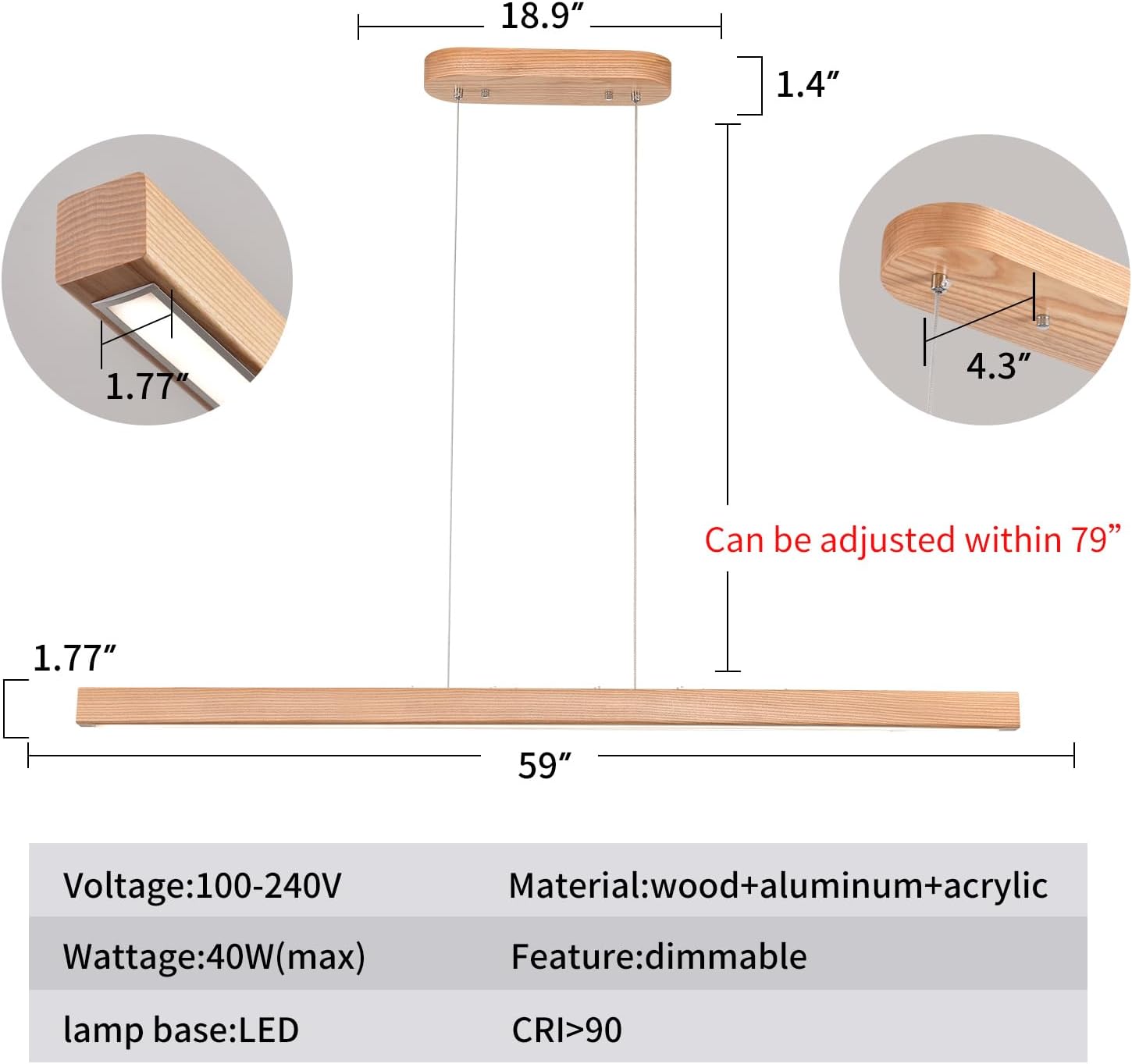 59" Wood Linear Pendant Light Fixtures Led Dining Room Chandelier Linear Kitchen Island Hanging Lights Dimmable Modern Pendant Light for Dining Room Kitchen Island Pool Table Lights Natural Natural 59in