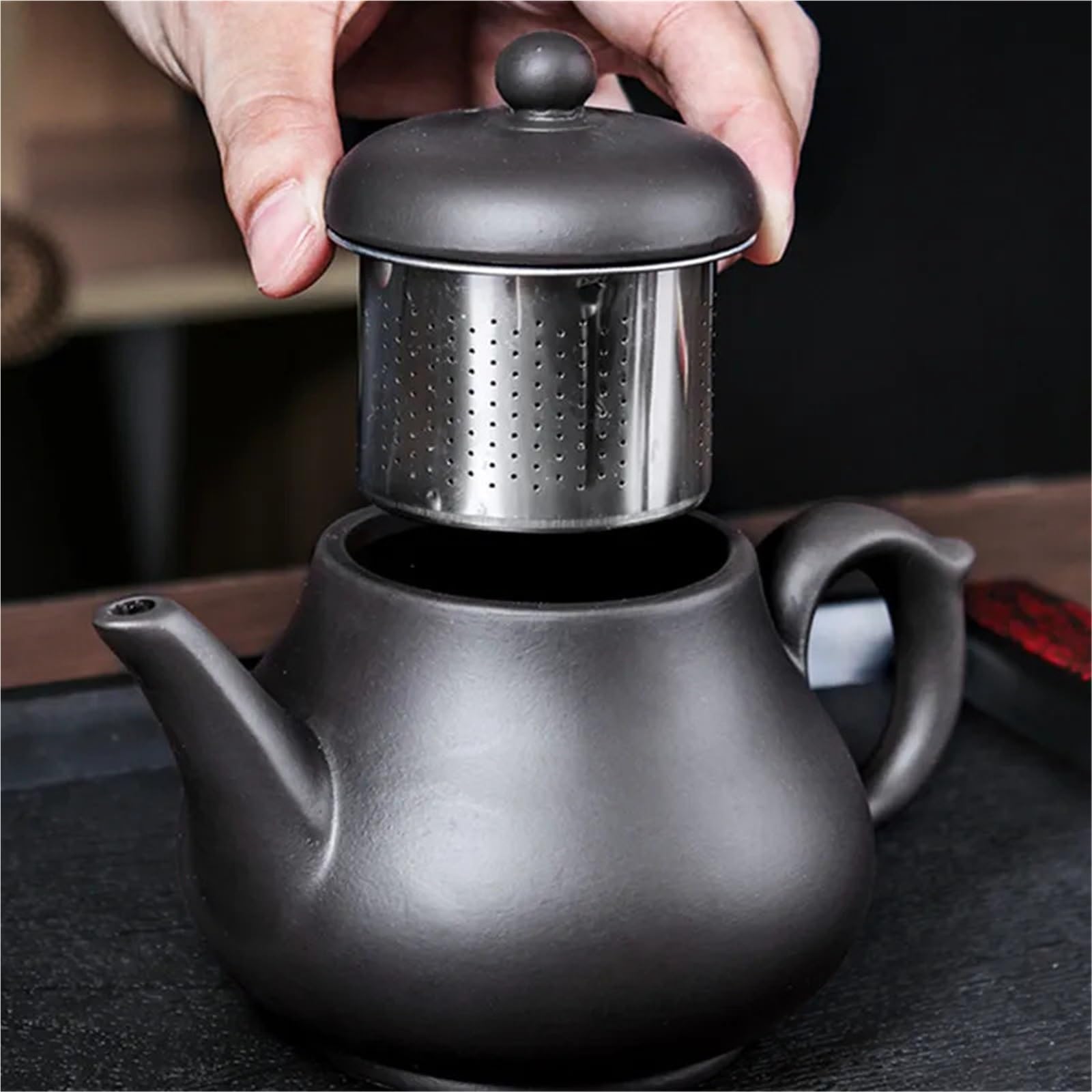 Tetera de arcilla morada, tetera de gran capacidad, olla individual con filtro de acero inoxidable integrado (marrón)