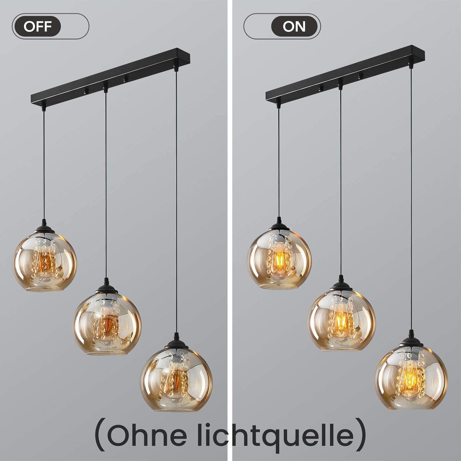 H.W.S Szklana lampa wisząca, kryształowa, nowoczesna, kulista, żyrandol, kreatywny design, lampa wisząca, z regulacją wysokości, dekoracja do wnętrz, lampa wisząca do salonu (amber, 3 palące się
