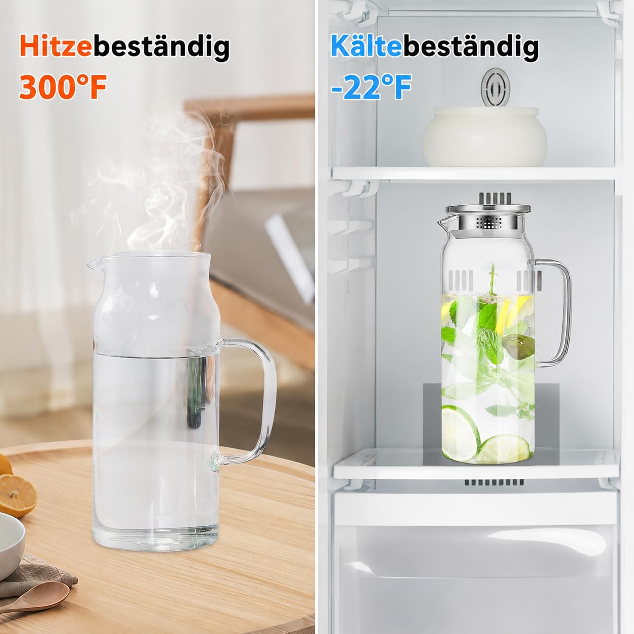 Juego de 2 jarras de agua de cristal con tapa, jarra de zumo de 2 litros – Vidrio de borosilicato con asa para bebidas calientes y frías como agua, zumo, leche, té, café – Jarra transparente para