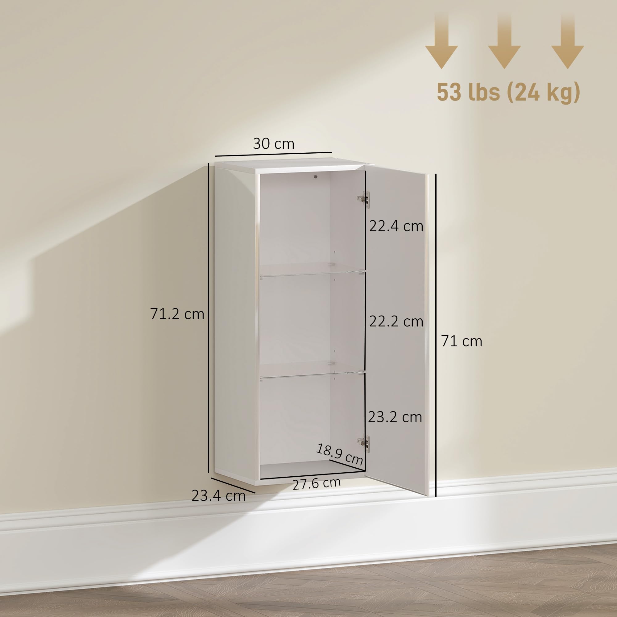 HOMCOM Mobiletto Bagno Sospeso con Anta Senza Maniglia, Pensile Bagno con 2 Ripiani in Vetro Temperato Regolabile, Mobile a Parete Multiuso, 30x23.4x71.2 cm, Bianco Lucido